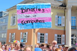 sign using colors of the trans flag that says "binaries are for computers"