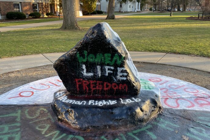 image of Albion College rock painted in solidarity with the people of Iran